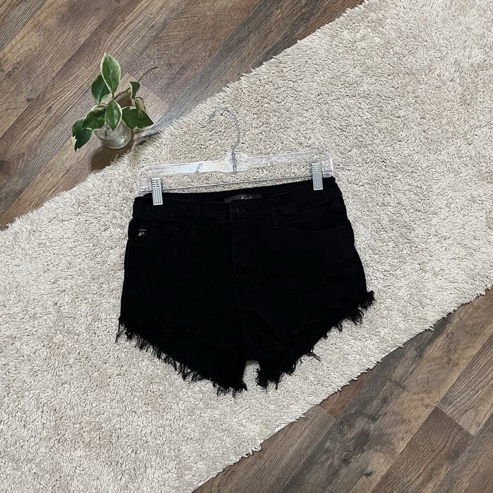 KanCan Black Size 28 Vintage-Inspired High-Rise Fringe Hem Cheeky Booty Shorts